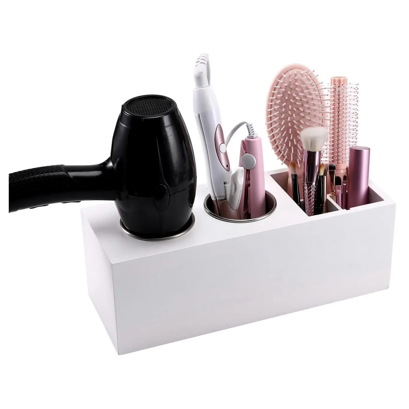 Wood Frame Wall Mount Multi-Purpose Bathroom Storage Rack for Hair Tools, Hair Dryers, Curling Irons and Makeup Brushes