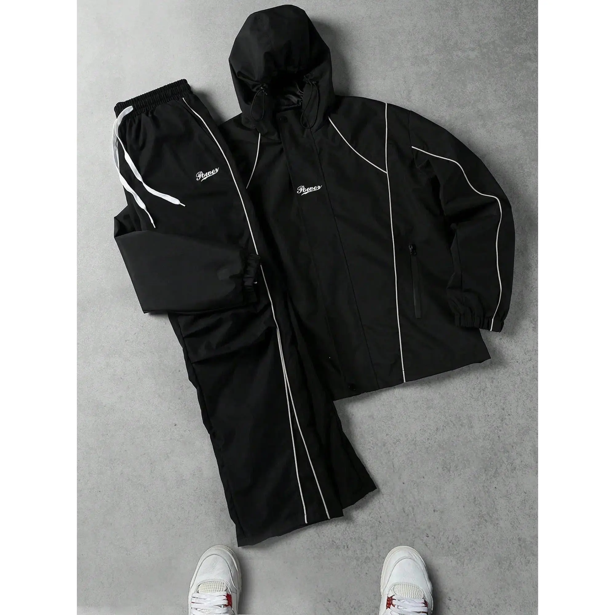 VIRAL Black Techwear Tracksuit Set | Y2K Reflective Piping Hooded Jacket & Pants,sohochic