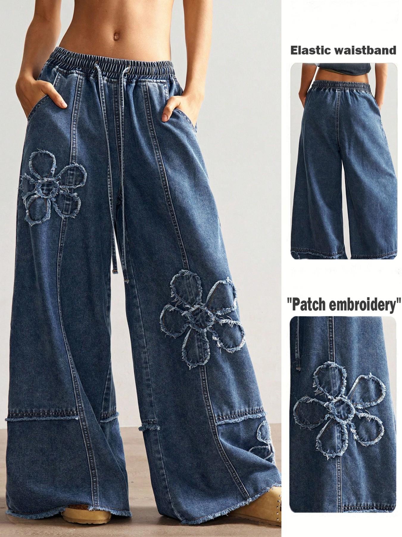 Boho Style Women's Casual Solid Wide Leg Jeans, Loose Fit Denim Jeans with Embroidery Pattern, Comfortable and Stylish Everyday Wear