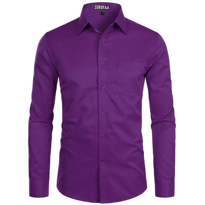 Zeroyaa Men's Long Sleeve Button Up Shirts Solid Slim Fit Casual Business Formal Dress Shirt with Pocket Menswear Korean summer outfits men funny shirts