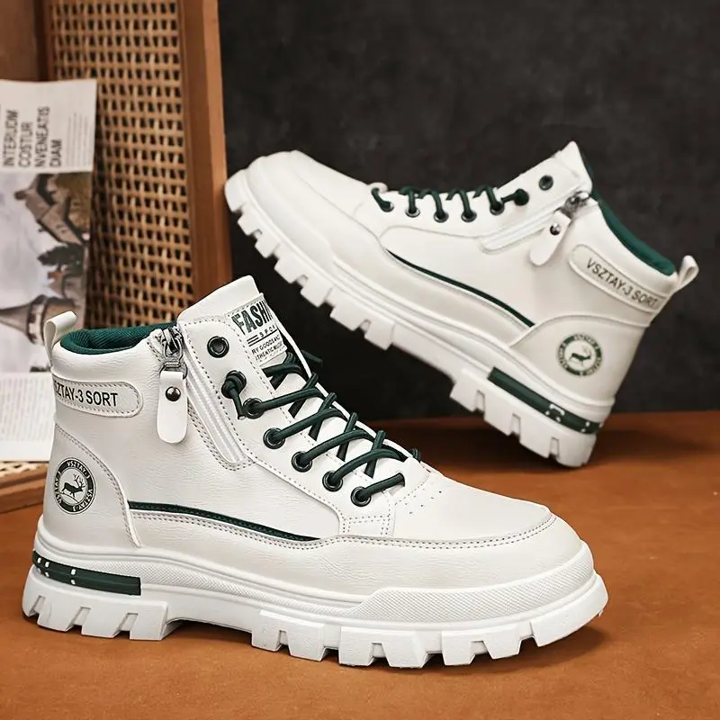 Men's Versatile Sport Ankle Boots - Casual Sport, White with Green Accents, Durable PU Upper and EVA Insole, Zipper and Lace-Up Closure, Suitable for Casual Wear - All Seasons, Athletic Shoes