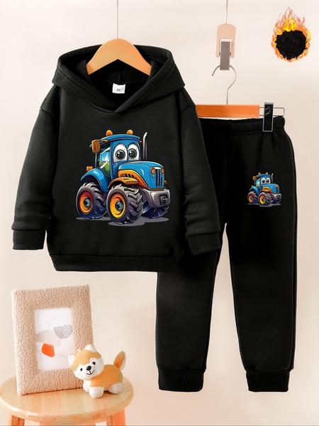 Boys' Fall Winter Fleece Set, Cartoon Tractor Print Hoodie & Jogger Pants, Casual Warm Fashion for Kids, Perfect Gift Idea, Clothes Kids