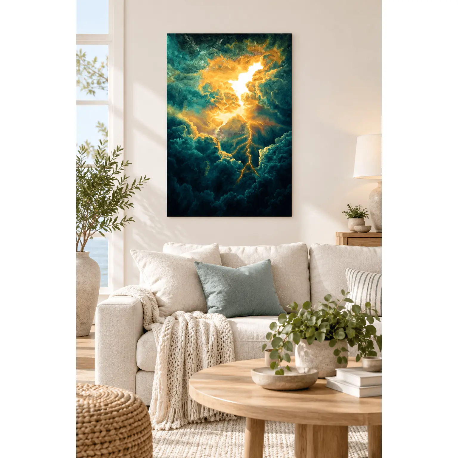 Dramatic Lightning Storm Clouds Poster, Golden Thunder Sky Canvas Art, Dark Teal Atmospheric Nature Wall Decor for Living Room, Bedroom, Office, Hallway, Entryway and Reading Nook