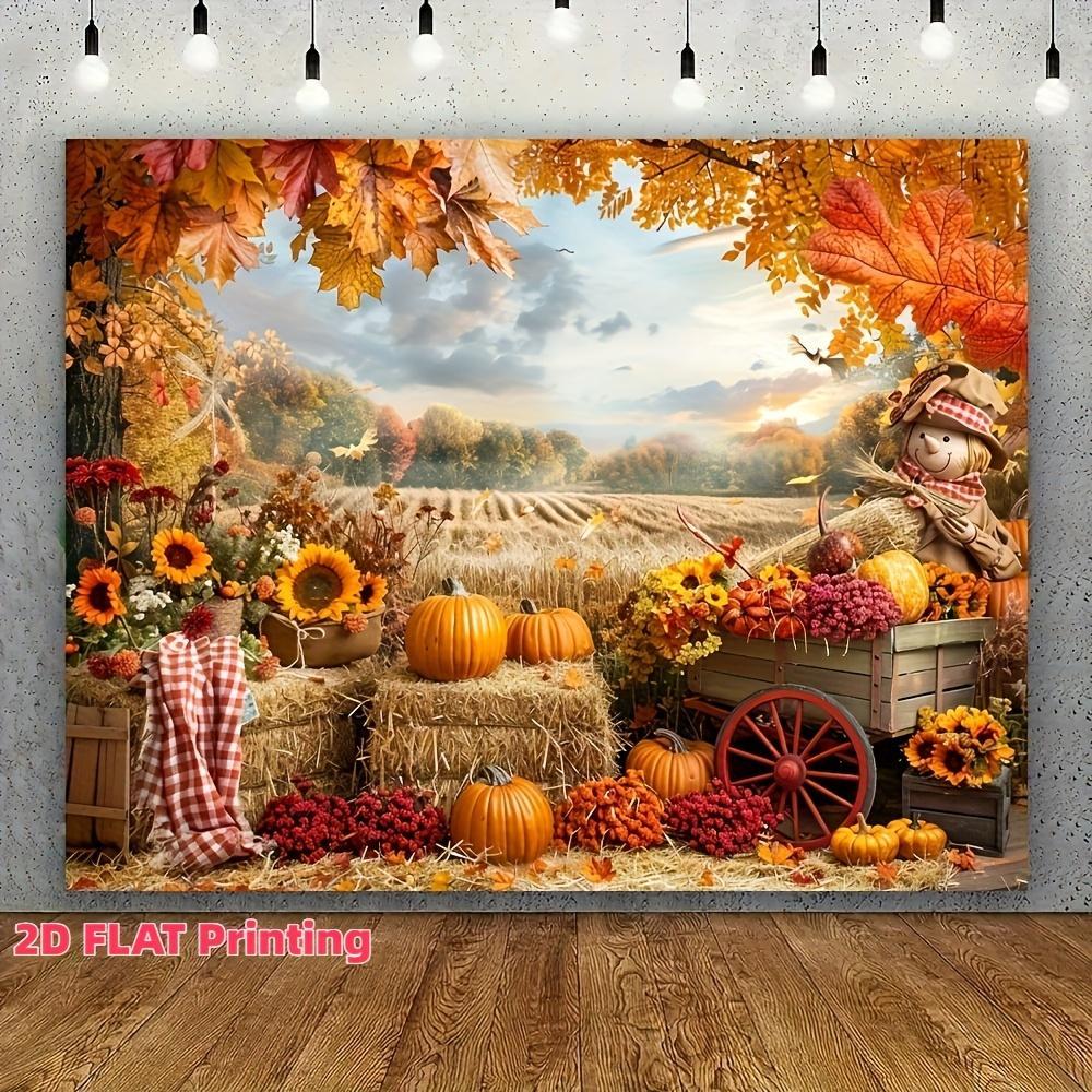 2D Flat, 2D Flat Banner - Autumn Thanksgiving Photo Backdrop with Vibrant Pumpkin Harvest Scene, Featuring Wheat Fields and Sunflowers with Cartoon Gnomes, Polyester Material, Multiple Sizes Availab