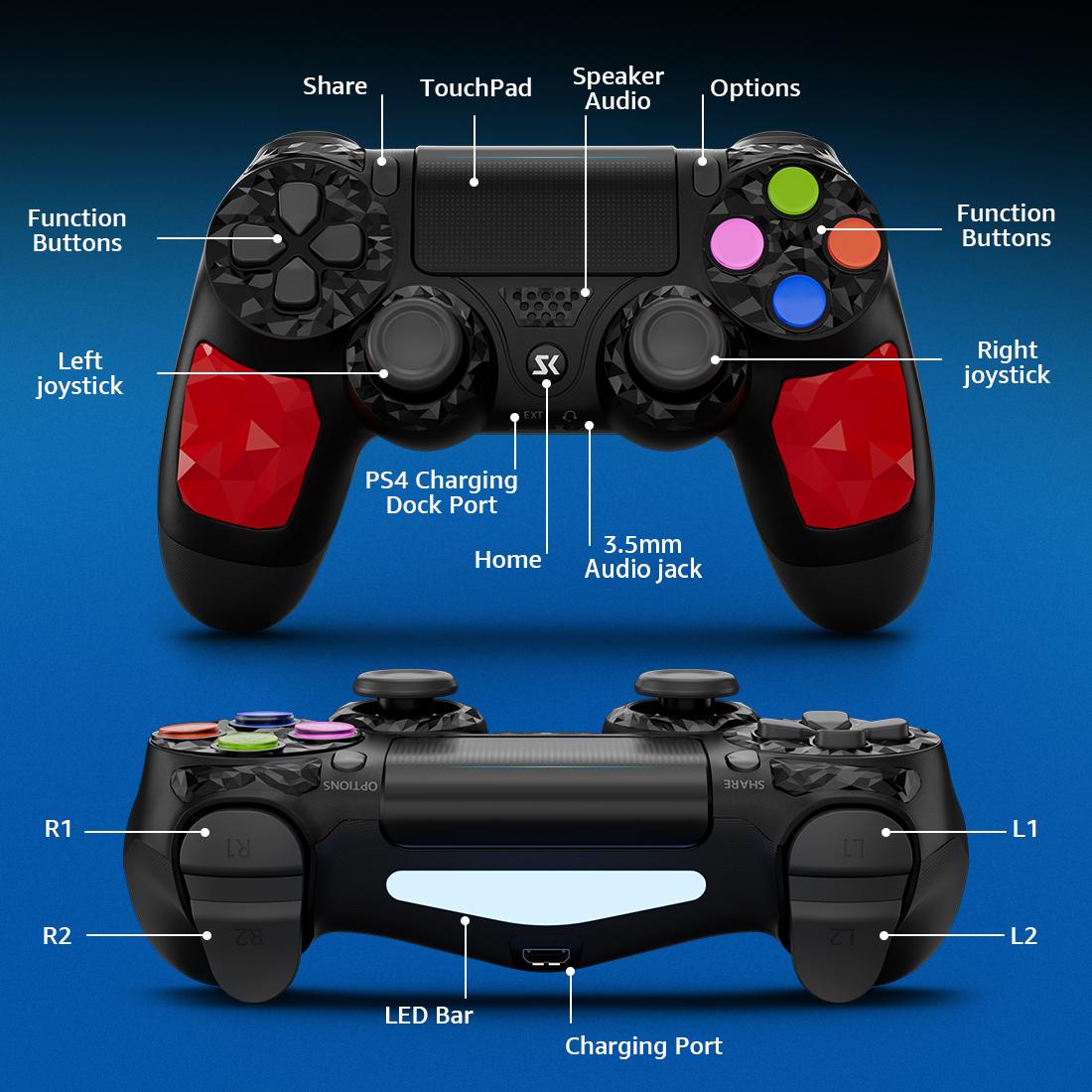 ISHAKO Wireless Game Controller For PS4/PS3/PC/Android/iOS, With Double Vibration, Six Axis Gyro, Touchpad, Built in speaker, Audio jack, Gamepad for PS4, Red PS413