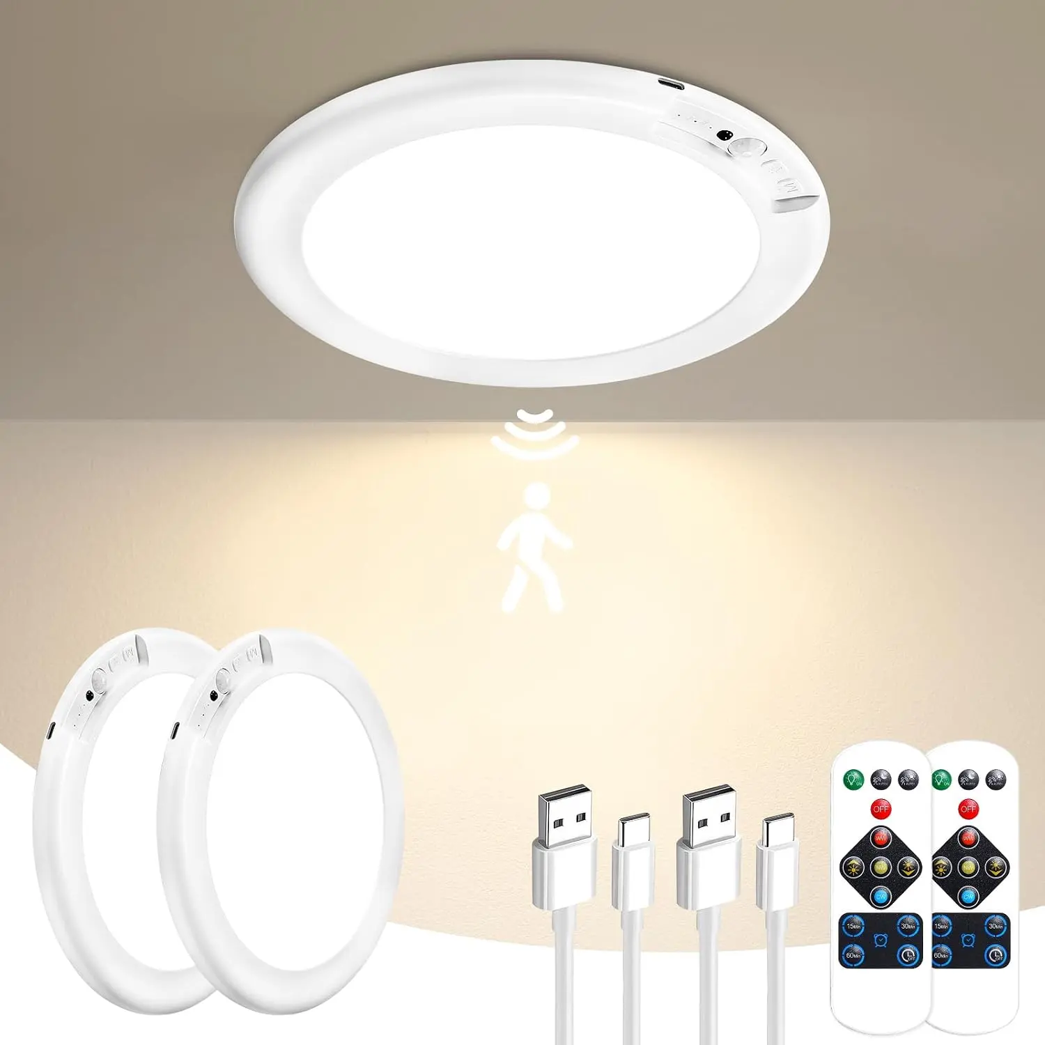 2 Pack Rechargeable Motion Sensor Ceiling Light, Wireless Closet Light, Wireless Battery Powered LED Shower Light, Magnetic Cordless Ceiling Light with Remote, Overhead Lamp for Pantry Shed