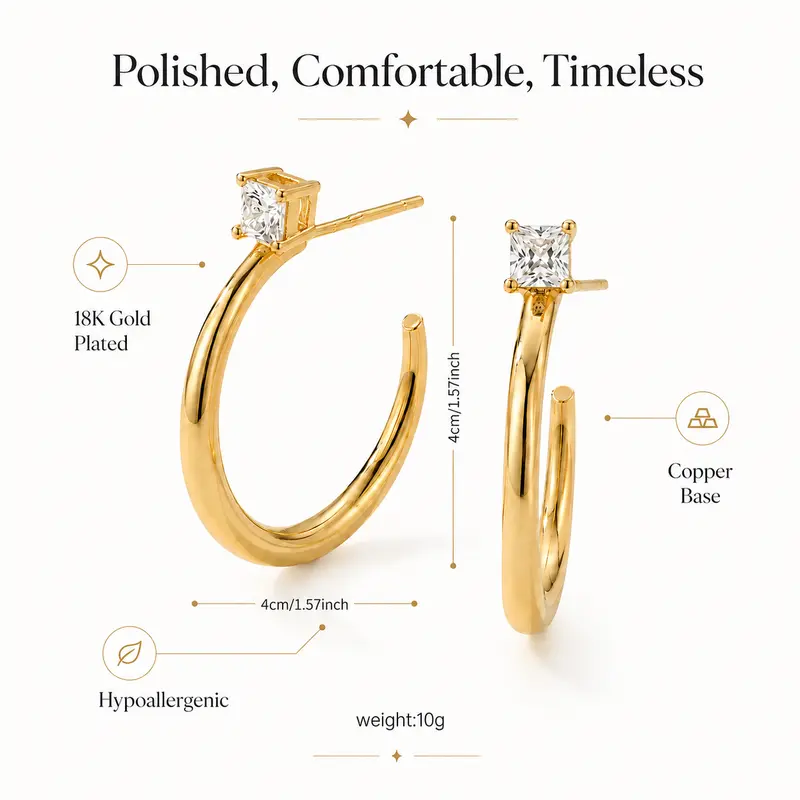 Women's 18K Gold Plated Chunky Hoop Earrings - 4cm Copper Base, Lightweight Hypoallergenic Gold-Toned Modern Costume Jewelry, Anniversary/Birthday Gift for Daily & Party Wear