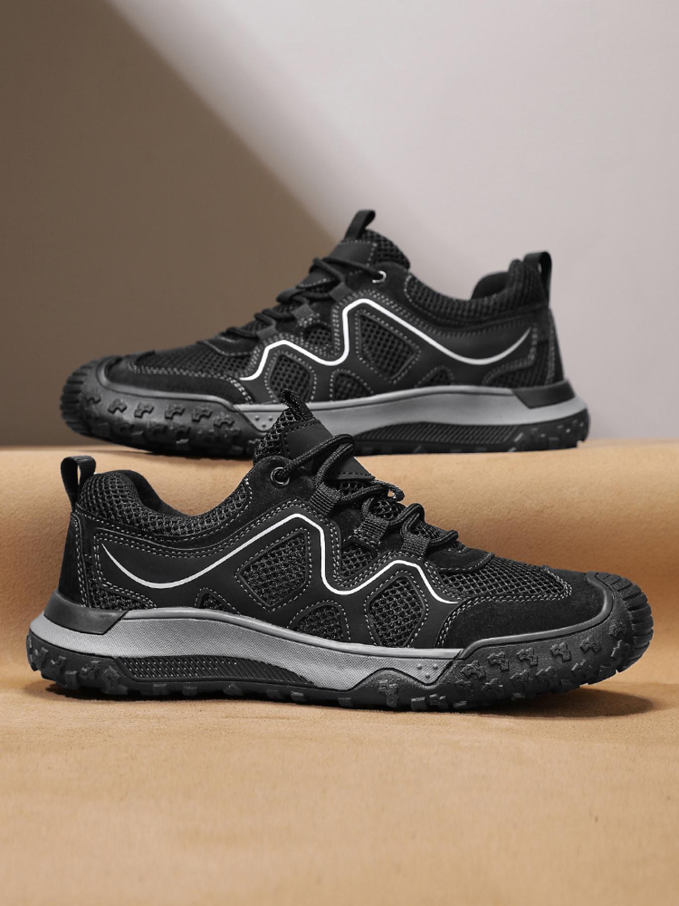 Men's Solid Color Mesh Breathable Outdoor Hiking Shoes Drawstring Toe Cap Trekking Shoes Non-Slip Wear-Resistant Casual Sneakers