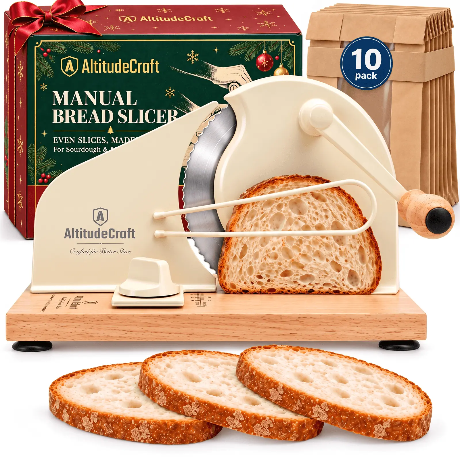 AltitudeCraft Manual Sourdough Bread Slicer - Specialty Kitchen Tool with Adjustable Hand Crank, Guided Cut, Bread Bags, Even Crusty Artisan Loaf Slices, Gift Boxed for Bakers, Christmas Gift Option