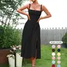 Parthea Women's Plain Ruched Boning Corset Milkmaid Dress, Lace Up Dress, Party Dress, Fit, Tie Front Dress, Aesthetic Square Neck Midi Dress, Dresses for Women, Frenchy Style Non Bodycon Dress Christmas, Formal Dresses, Adjustable Straps, Formal Wear