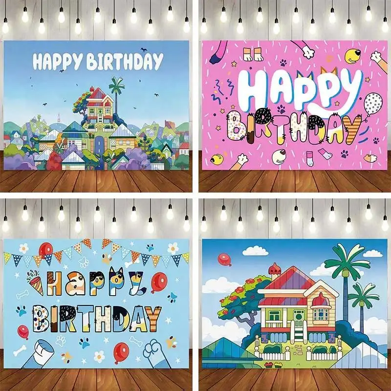 Cartoon Blue Dog House Backdrop Birthday Party Supplies Decor Blue Sky White Cloud Boy Girl Child Banner Baby Shower