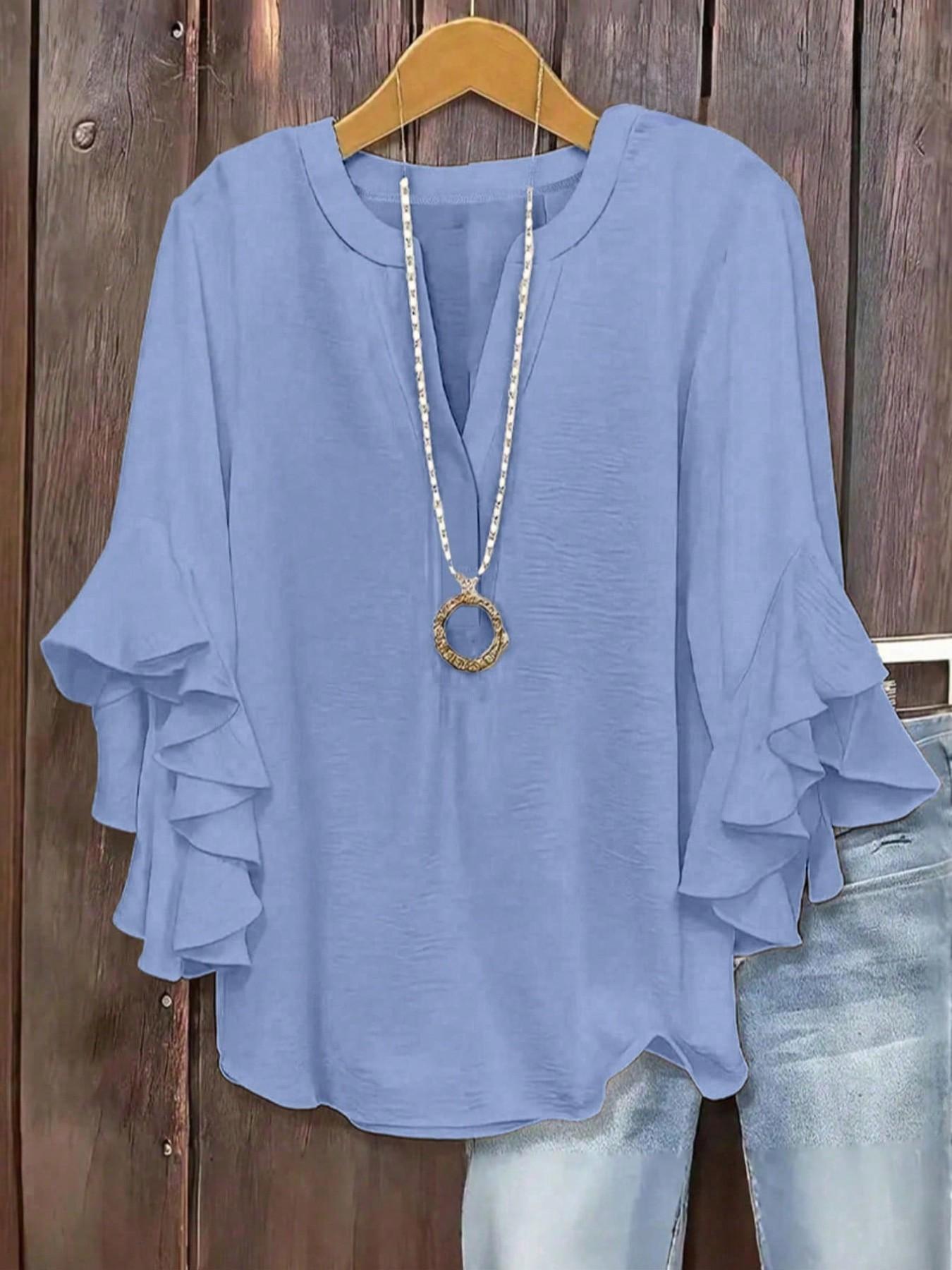 Plus Size Women's Ruffled Sleeve Notched-Neck Fitted Blouse Shirts, Elegant Comfortable and Stylish Solid Color Top, Perfect for Everyday Casual Wear