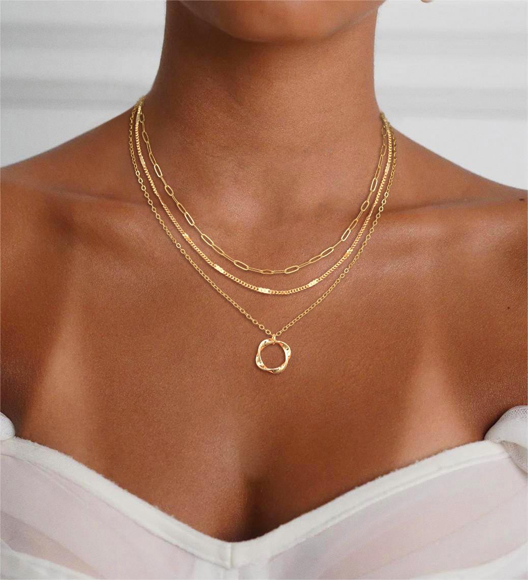 CAROVO Layered Necklaces for Women, 14k Gold Plated/Sterling Silver Stackable Choker Necklaces for Women Trendy Layering Stacked Circle Pendant Chain Necklace Set Jewelry for Women
