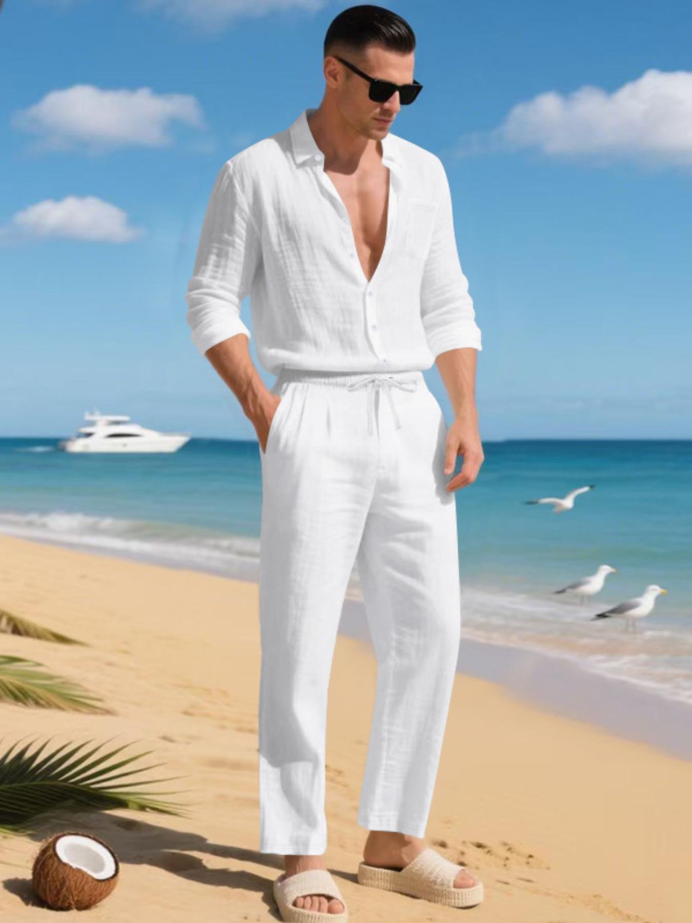 Men's Summer Linen Shirt & Pants Set, Casual Long Sleeve Beachwear, Comfortable Fashion Clothing for Vacation