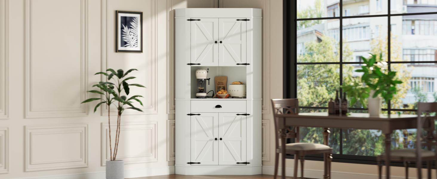 74"Corner Cabinet with Charging Station,Kitchen Pantry Storage Cabinet with Drawer,Freestanding Kitchen Pantry Cabinets with Doors and Shelves,Farmhouse Food Hutch