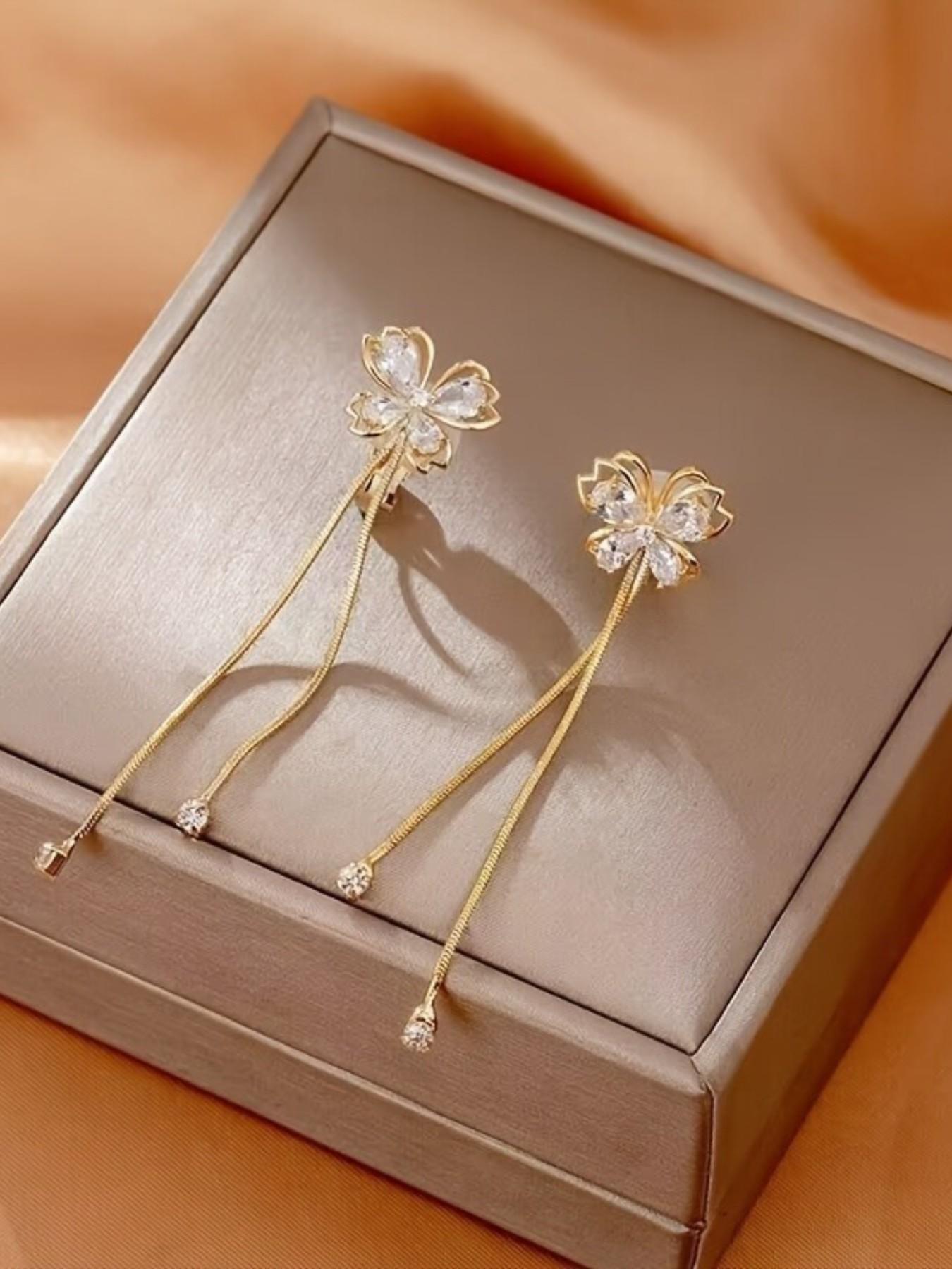 Fashion Sweet Zircon Butterfly Long Dangle Ear Cuffs, No Piercing Simple Design Women's Elegant Versatile Party Vacation Earrings