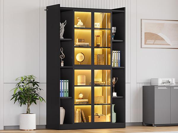 SEDETA 64 Inch Display Cabinet with Glass Doors 6 Tier Tall Bookcase with LED Lights Curio Cabinet with Adjustable Shelves