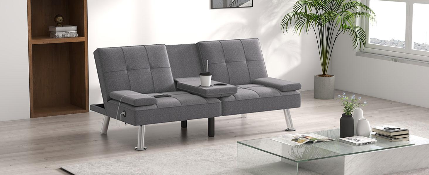 [TikTokShopBlackFriday] EBELLO  Futon Versatile Sofa Bed with Cup Holders USB Port Foldable 2-Seater Guest Bed for Living Room Gray,  Sofa Bed- Elegant