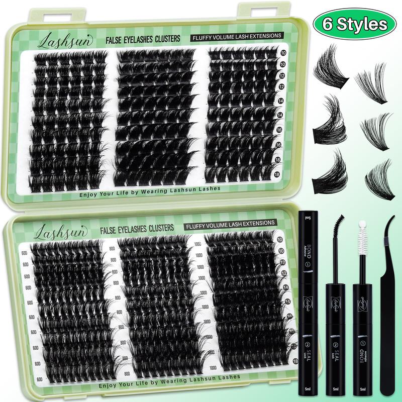 1450/640/460/350 PCS D Curl Lash Clusters Kit, 11 Styles Cat Volume Spikes and 3D Effect Lashes Eyelash Extensions with Bond and Seal Remover Applicator Headband and Wristband, Suitbale for Easy DIY Makeup at Home