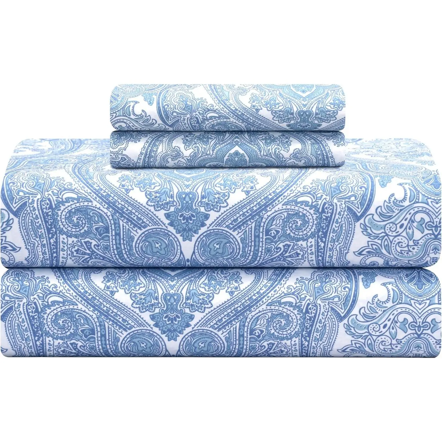 Softest 100% Cotton Sheets, 300 Thread Count Percale Weave Bedding, 16" Deep Pocket, Cooling Sheets, Breathable Bed Set, Hotel Premium Quality (King Blue Paisley)