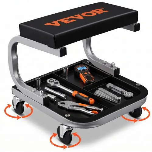 VEVOR Rolling Creeper Garage/Shop Seat, 250 LBS Capacity Padded Rolling Workshop Stool with Tool Tray Storage, Mechanic Stool for Garage, Shop, Auto Repair, Black