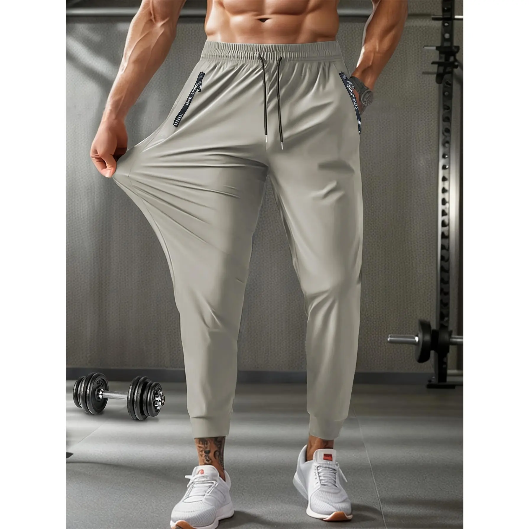 Plus Size Athleisure Jogger Pants - Polyester Blend Ice Fiber, Breathable Cool Elastic Waist Male Wear, Spring-Summer Casual Activewear with Pockets, Machine Washable for Outdoor Running