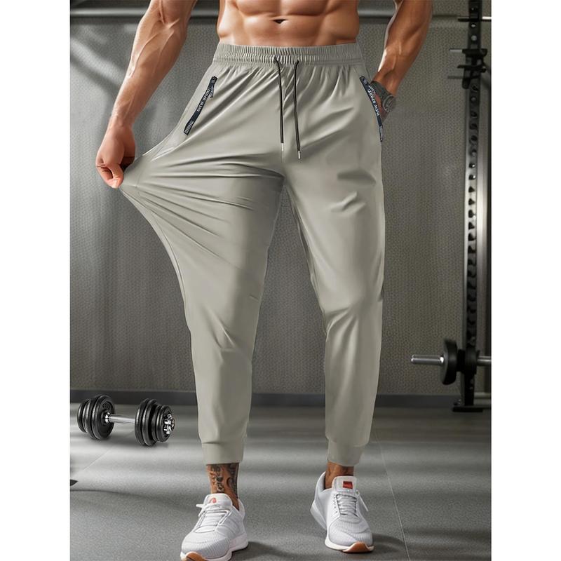 Male Clothing Plus Size Pocketed Athleisure Jogger Pants - Polyester Mix Ice Fiber, Comfortable Breathable Cool Elastic Waist, Spring-Summer Casual Activewear, Machine Washable for Outdoor Running