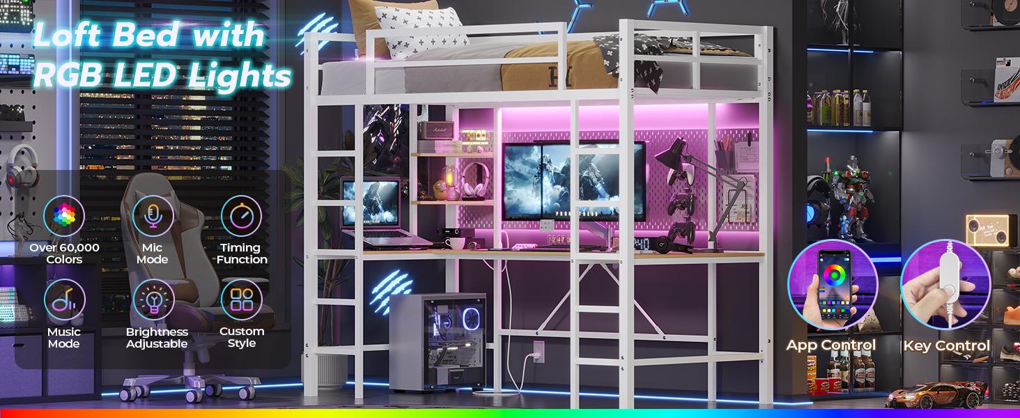 Sikaic Twin Size Loft Bed with U shaped Desk and LED Lights, Metal Bed Frame with Charging Station and Ladder, No Box Spring Needed, White Unique Bedroom Furniture