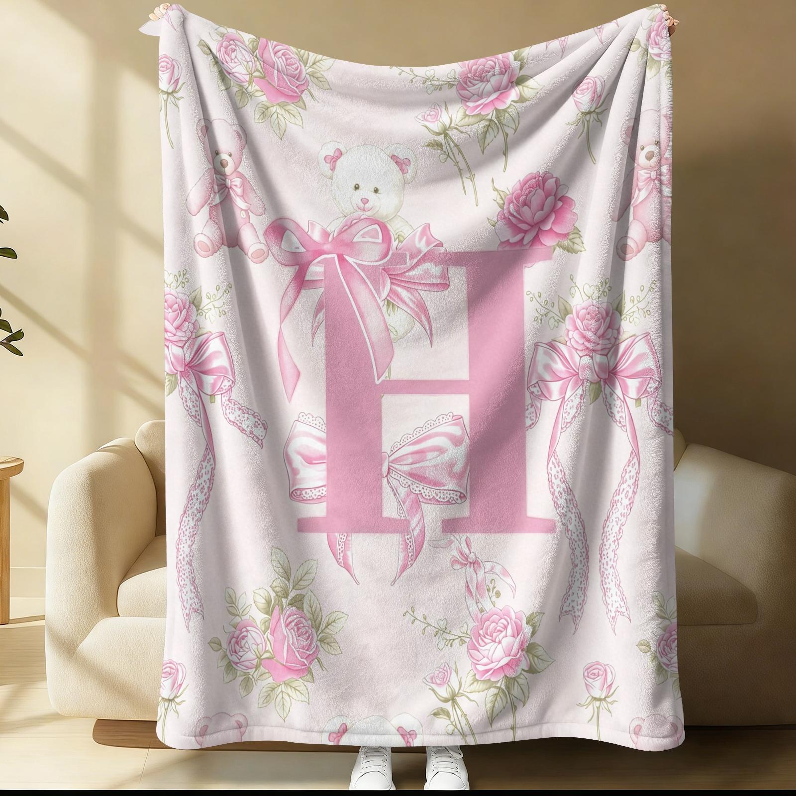 Pink Coquette Initial Letter Throw Blanket, Soft Fuzzy Plush, Teddy Bear & Rose Floral, Girly Bow Print, Lightweight for Couch Bed Office, All Seasons, Aesthetic Room Decor, Perfect Gift