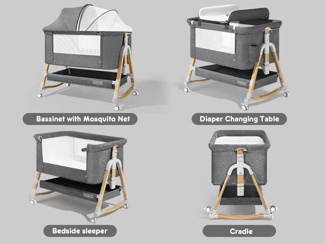 HARPPA Cuddly | 3-in-1 Baby Bassinet Bedside Sleeper, Rocking Bassinet with Mattress & Cover, 5 Height Adjustable Bassinet for Baby with Wheels, Crib For Infant