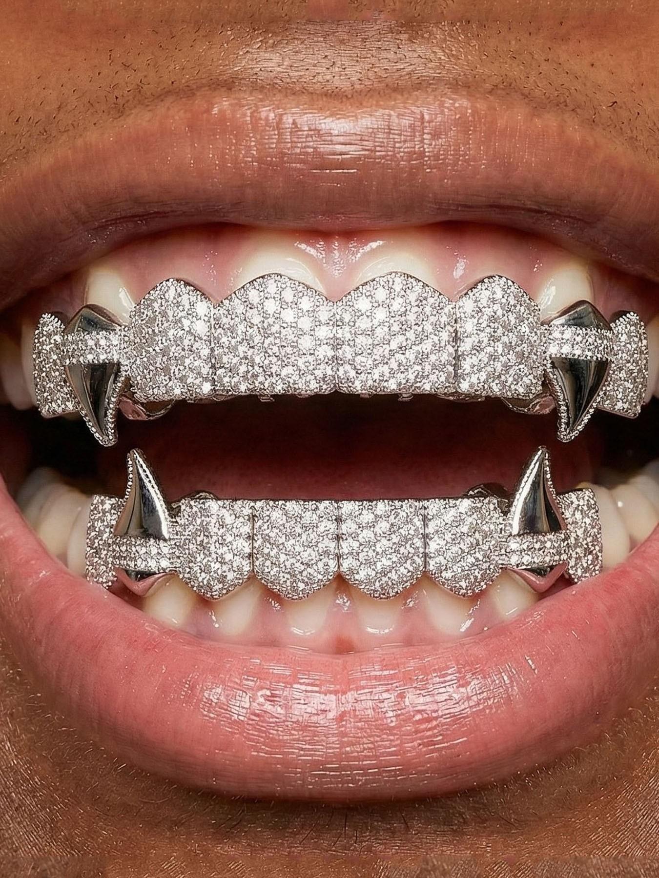 Hip-Hop Fashion Sharp Tooth Tiger Tooth Copper Micro-Set Zircon Decorative Shiny Stage Props, Nightclub Party Jewelry, Halloween Gift