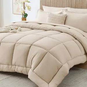 King Size Comforter Set, 7 Pieces Bed in a Bag King, Complete Bedding Set Includes Comforter, Flat Sheet, Fitted Sheet, Pillowcases and Pillow Shams, Beige