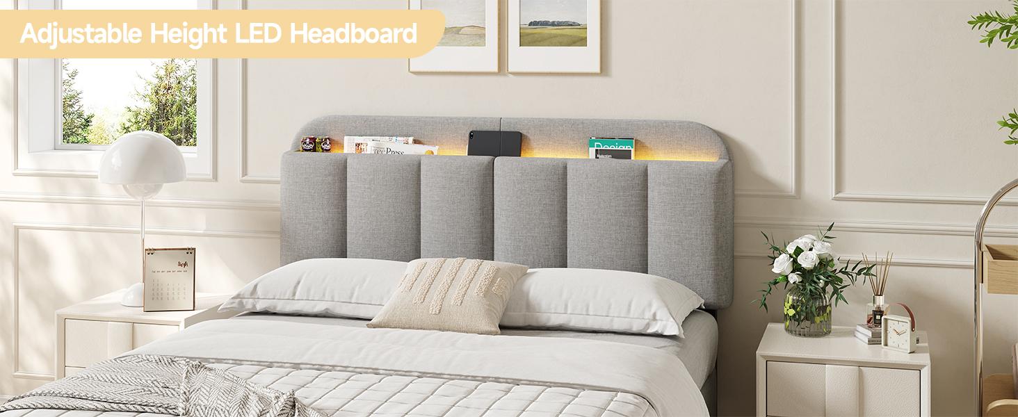 【SPOTLIGHT DAY】ONBRILL Adjustable Headboard for Full/Queen/King Size Bed Frame, Linen Fabric Bed Headboard with Storage & RGB LED Light in Modern Vertical Channel Design