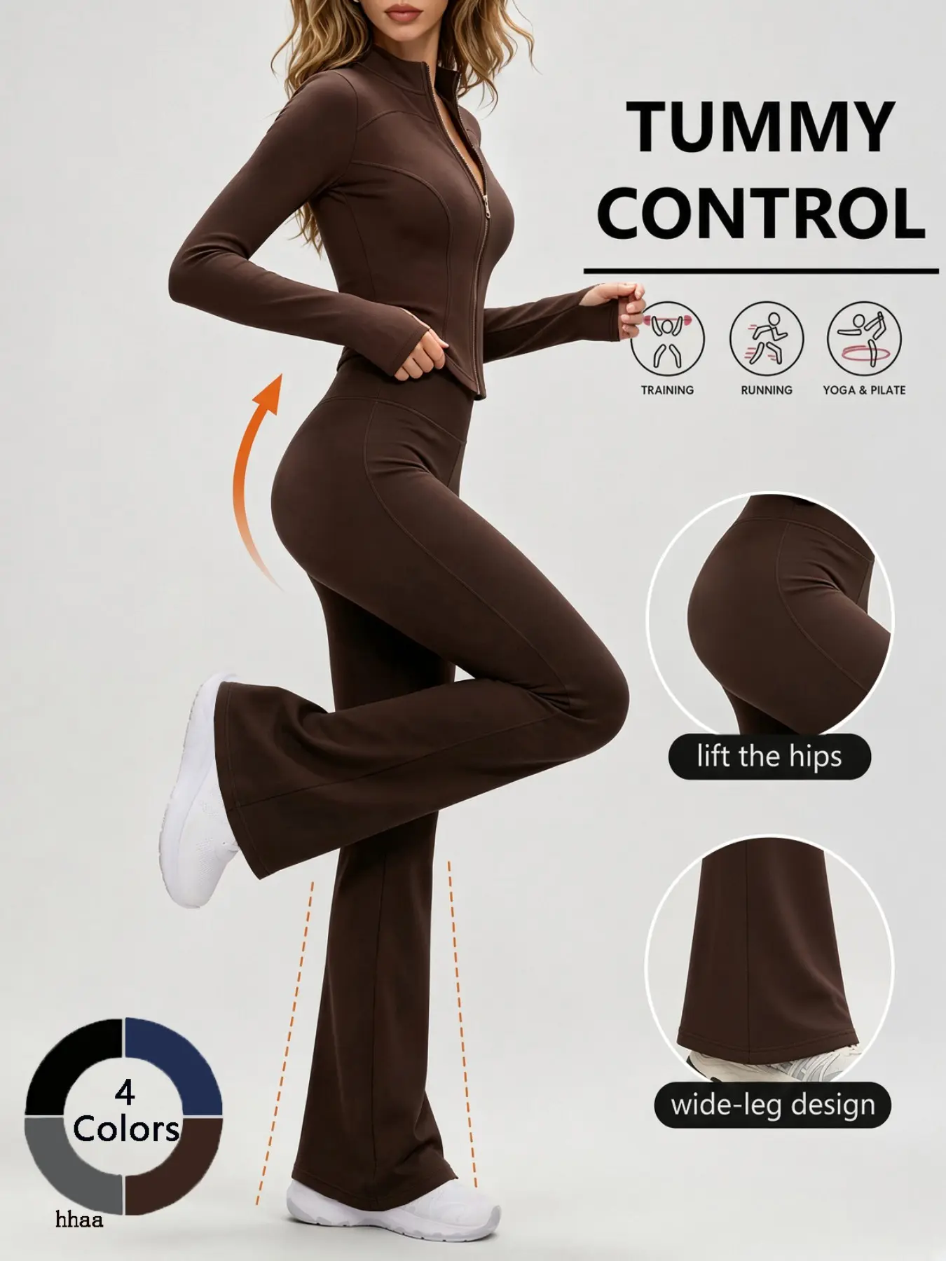 Autumn Casual Two-Piece Women's Set, Gold Zipper Fitted Jacket and High-Waist Yoga Pants, Sporty Daily Commute