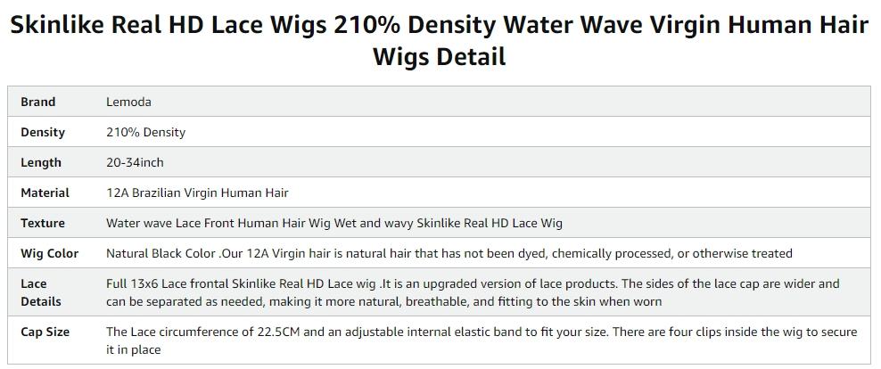 【Hot】Lemoda 13x6 15A 210% Density 13x4 SKINLIKE Real HD Lace Water Wave Full Lace Frontal Wigs Deep Wave Virgin Human Hair Invisible 0.1mm Ultra-thin Frayed Ends Wet and Wavy Lace Front Wig Tiny Knots