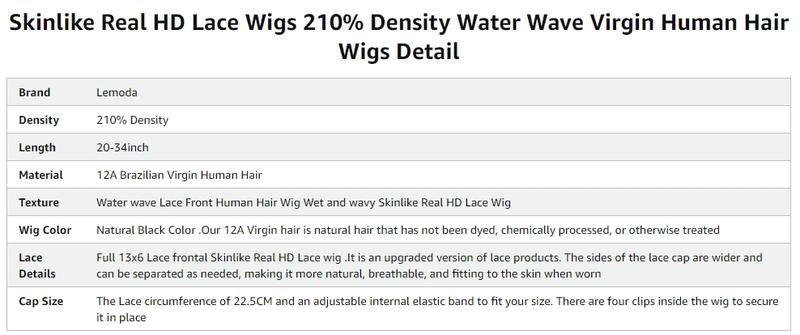 【Hot】Lemoda 13x6 15A 210% Density 13x4 SKINLIKE Real HD Lace Water Wave Full Lace Frontal Wigs Deep Wave Virgin Human Hair Invisible 0.1mm Ultra-thin Frayed Ends Wet and Wavy Lace Front Wig Tiny Knots