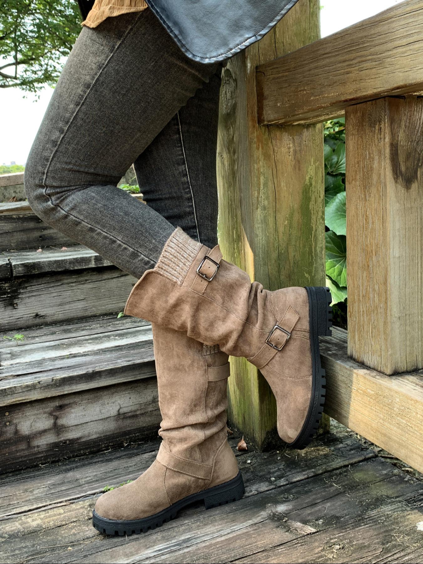 Comfortable mid calf suede women's boots for autumn and winter, Round Toe Boot, with a retro flat design that is comfortable and versatile, perfectly fitting the legs, and suitable for autumn and winter fashion boots