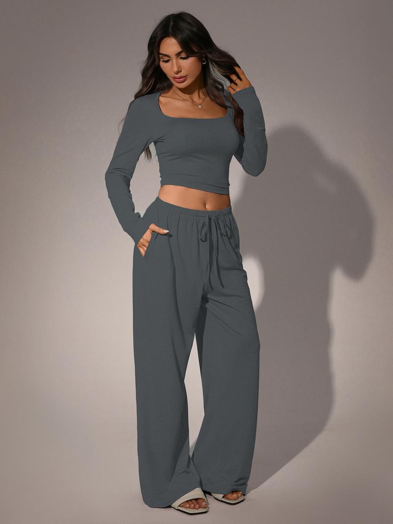 2026 Women's 2 Piece Matching Lounge Set, Square Neck Long Sleeve Crop Top, High Waisted Wide Leg Drawstring Pants, Casual Sweatsuit