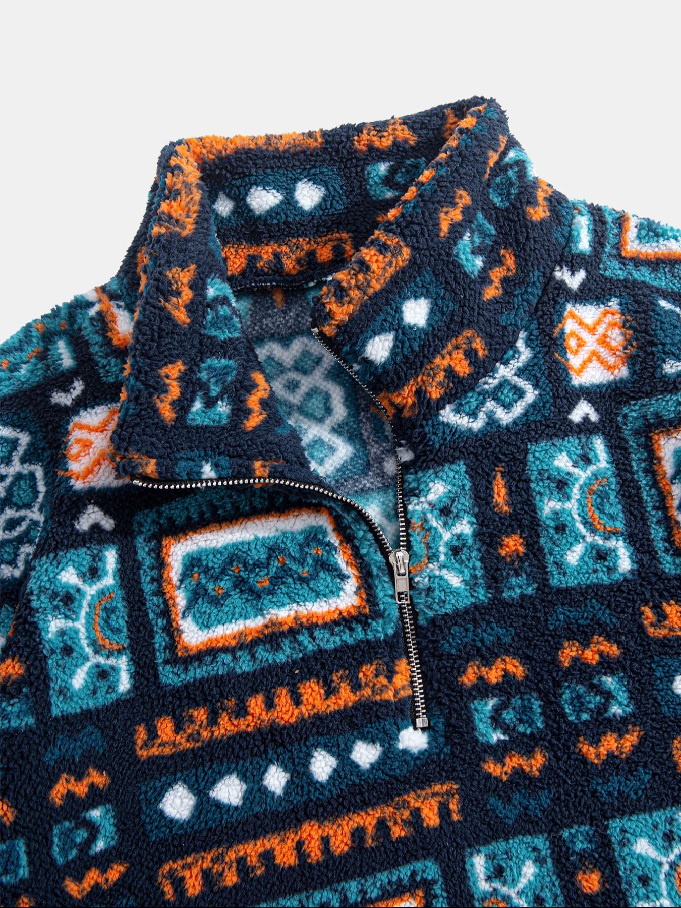 Men's Fleece Ethnic Style Sweatshirt, Tribal Totem Pattern, Casual Long Sleeve Zipper Pullover, Perfect for Layering & Outdoor Activities