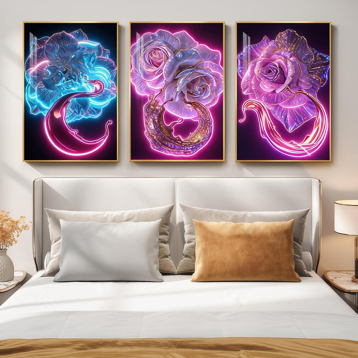 3 Counts Aluminum Alloy Framed Painting, Neon Glowing Roses And Petals Pictures, Home Decoration For Living Room, Bedroom, Office, Restaurant, Hallway Wall Decor, Odorless Print Artwork, Luxury Perfect Gift For Friends And Family