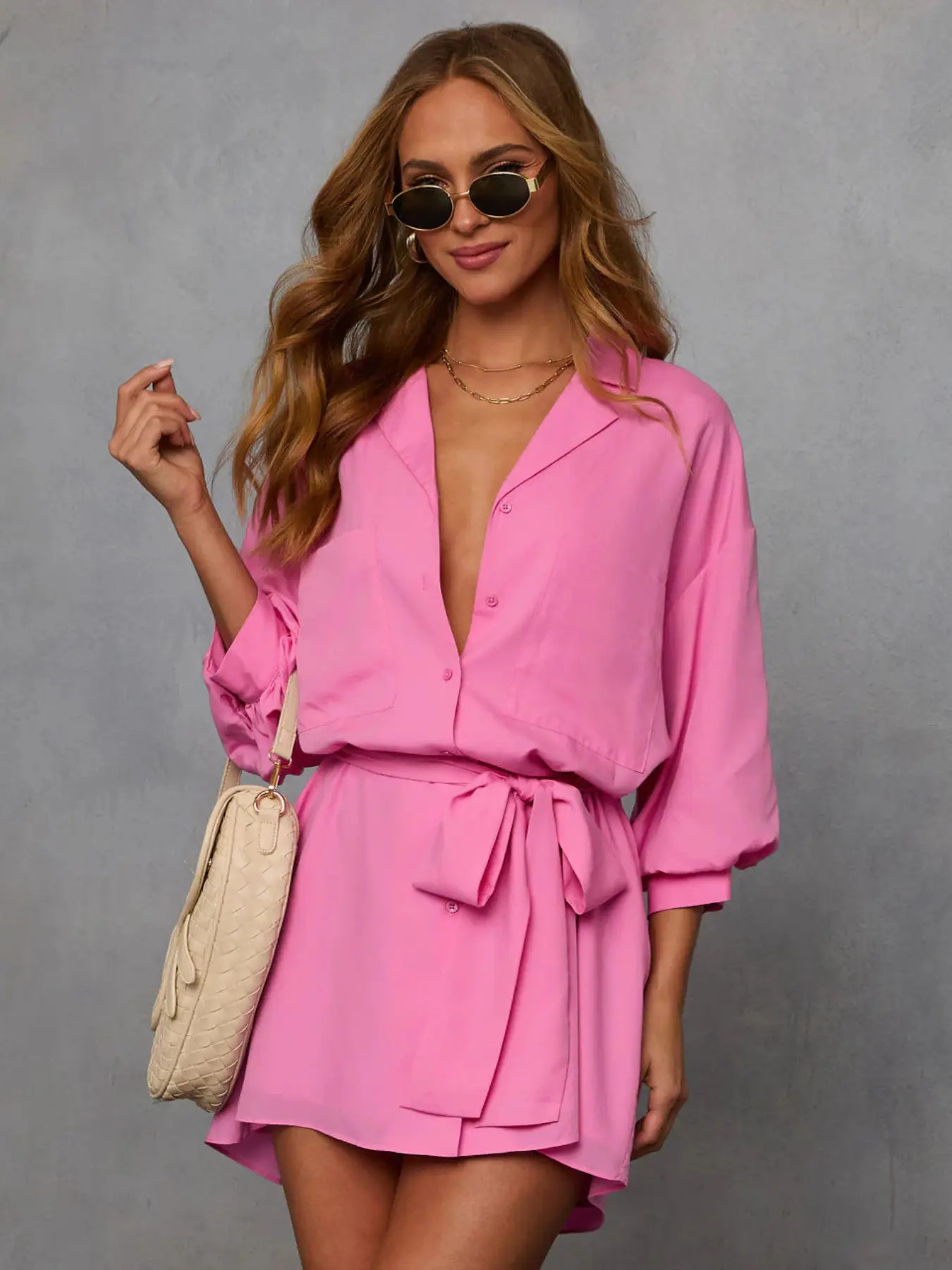 Women's Shirt-Style Mini Dress, Lapel Collar, Long Sleeve, Oversized Top, Self-Tie Waist, Wrap Hem, Bright, Casual Vacation Dress