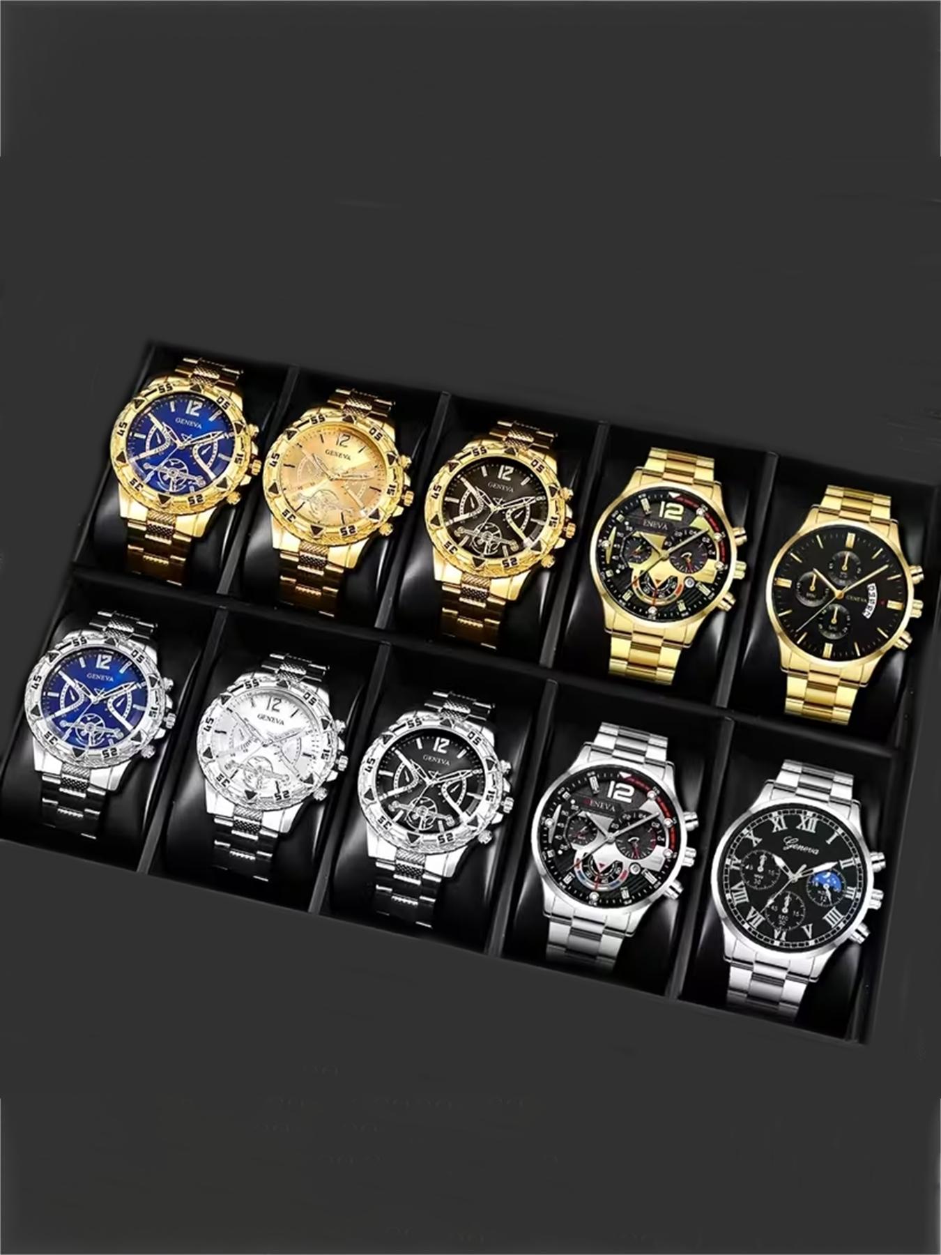 10 piece set of men's luxury watches with multi colored dials, suitable for both business and casual wear, making it an ideal gift for his birthday or holiday