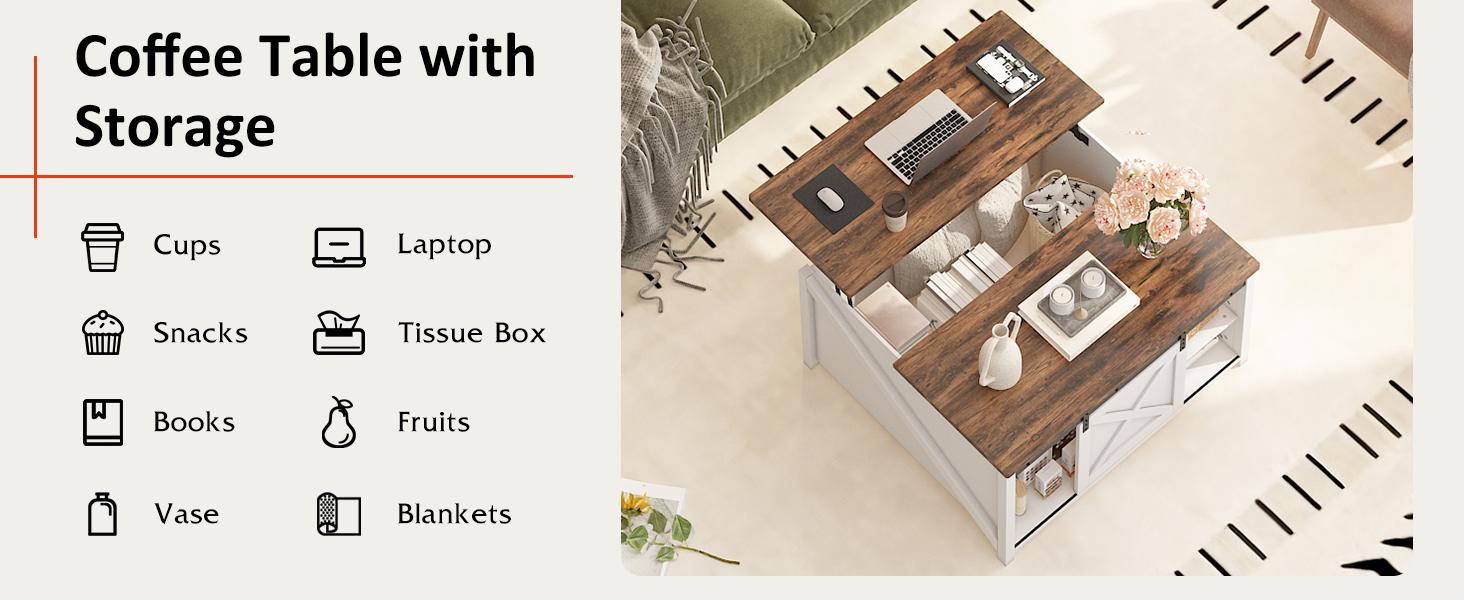 PUKAMI Lift Top Coffee Table with Storage, 31.5" Farmhouse Coffee Table for Living Room, Square Coffee Tables with Large Hidden Storage and Sliding Barn Doors PUKAMI Lift Top Coffee Table with Storage, 31.5" Farmhouse Coffee Table for Living Room, Square Coffee Tables with Large Hidden Storage and Sliding Barn Doors