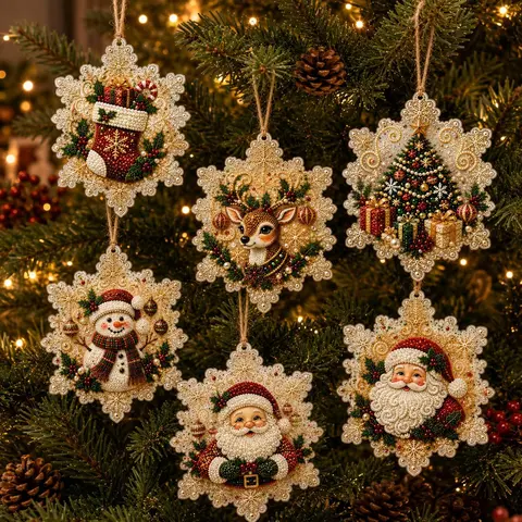 6PCS Christmas Acrylic or Wooden Ornaments DIY Pearl Diamond Painting Kit Relaxing Holiday Craft Activity, Handmade Gift Idea, RoomDecorations