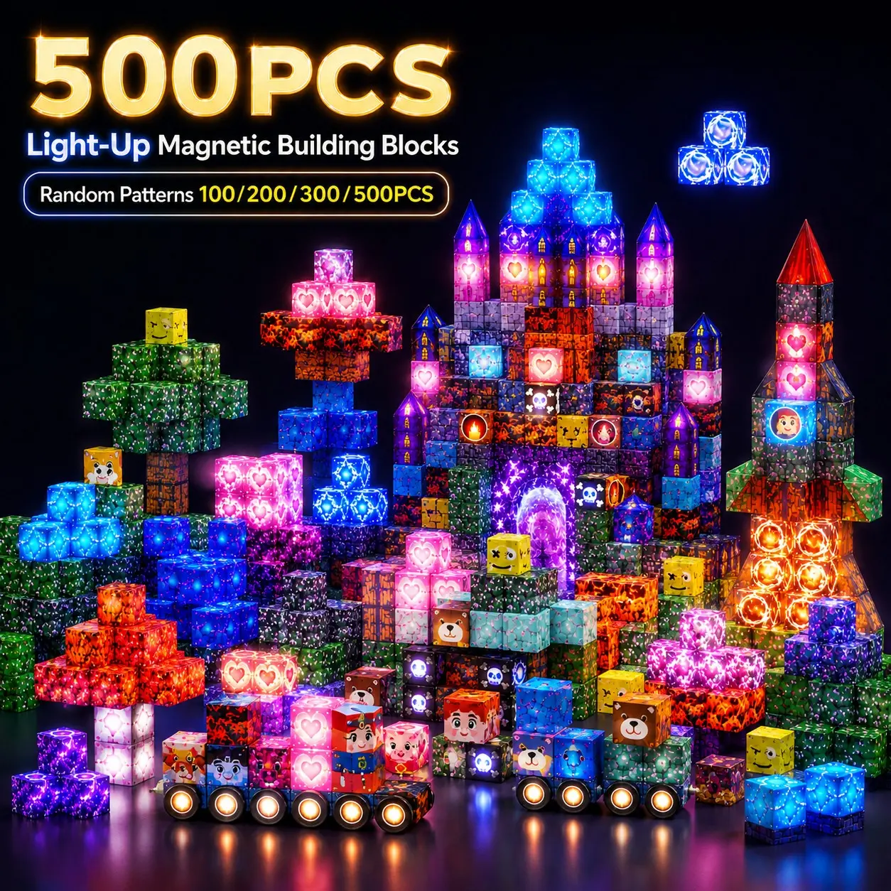 Random 100/200/300/500PCS Magnetic Building Cubes with Light Up Blocks, Magnetic Blocks for Kids, Magnetic Modular Blocks, STEM Montessori Sensory Stacking Toys, Creative Construction Building Set, Educational 3D Puzzle Toy, Gifts for Boys & Girls Ages 3+