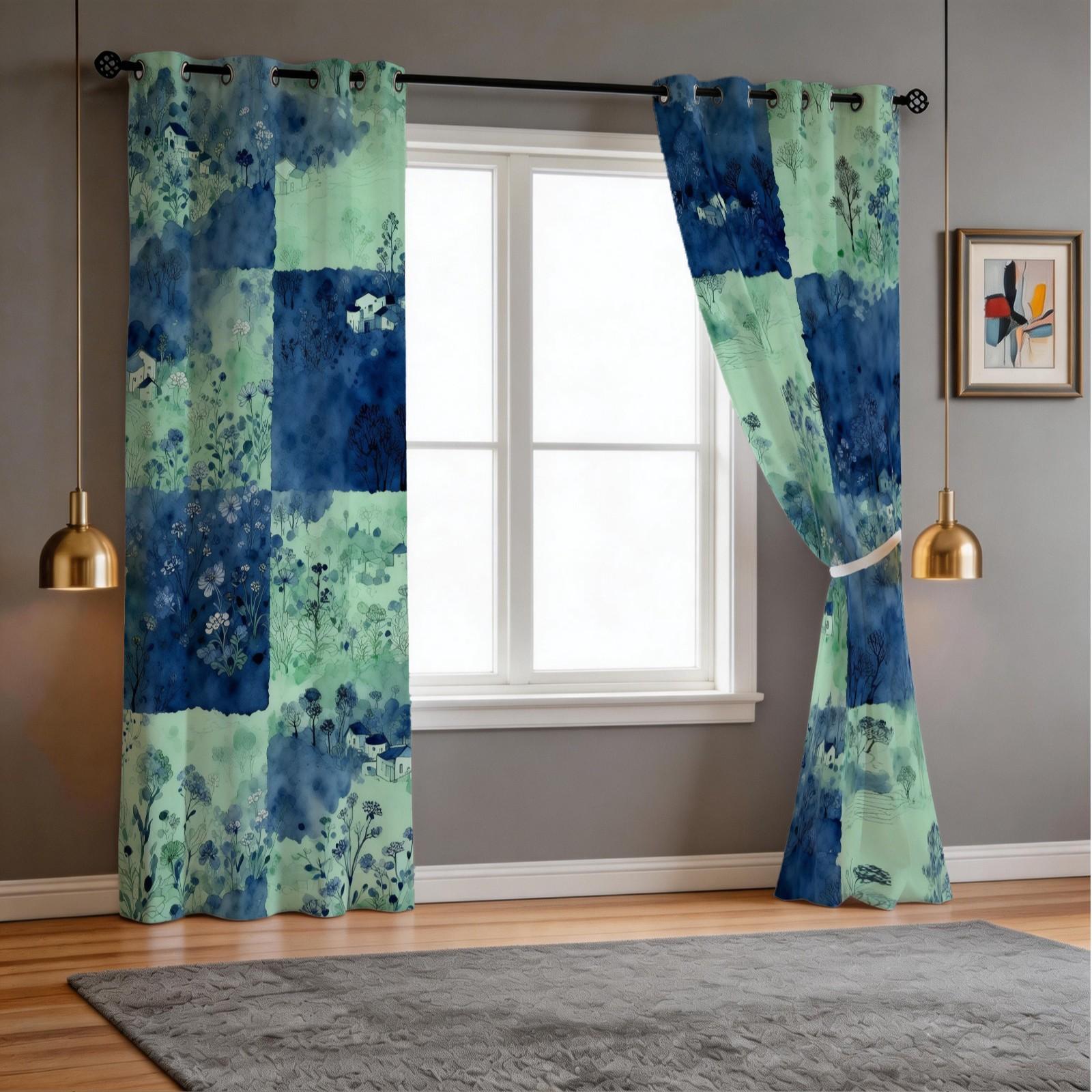 2 Panels Watercolor Landscape Checkered Curtains, HD Digital Printed Blackout Curtains, 85% Light Blocking Rate, Dustproof Decorative Curtains for Bedroom and Living Room