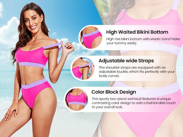 Tempt Me Women Two Piece High Waisted Bikini Swimsuits with Bottoms Teen Scoop Neck Sport Bathing Suits Plus Size Swimsuit Padded Push Up Swimsuit Swimwear with High Rise Cut Cheeky Bikini Bottom