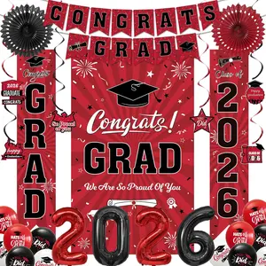 Holkcog Graduation Decorations Class of 2026, Red Grad Party Backdrop Paper Fan Balloons Cards for High School & College, Congrats Grad Banner, Outdoor Indoor 2026 Grad Party Decor Supplise
