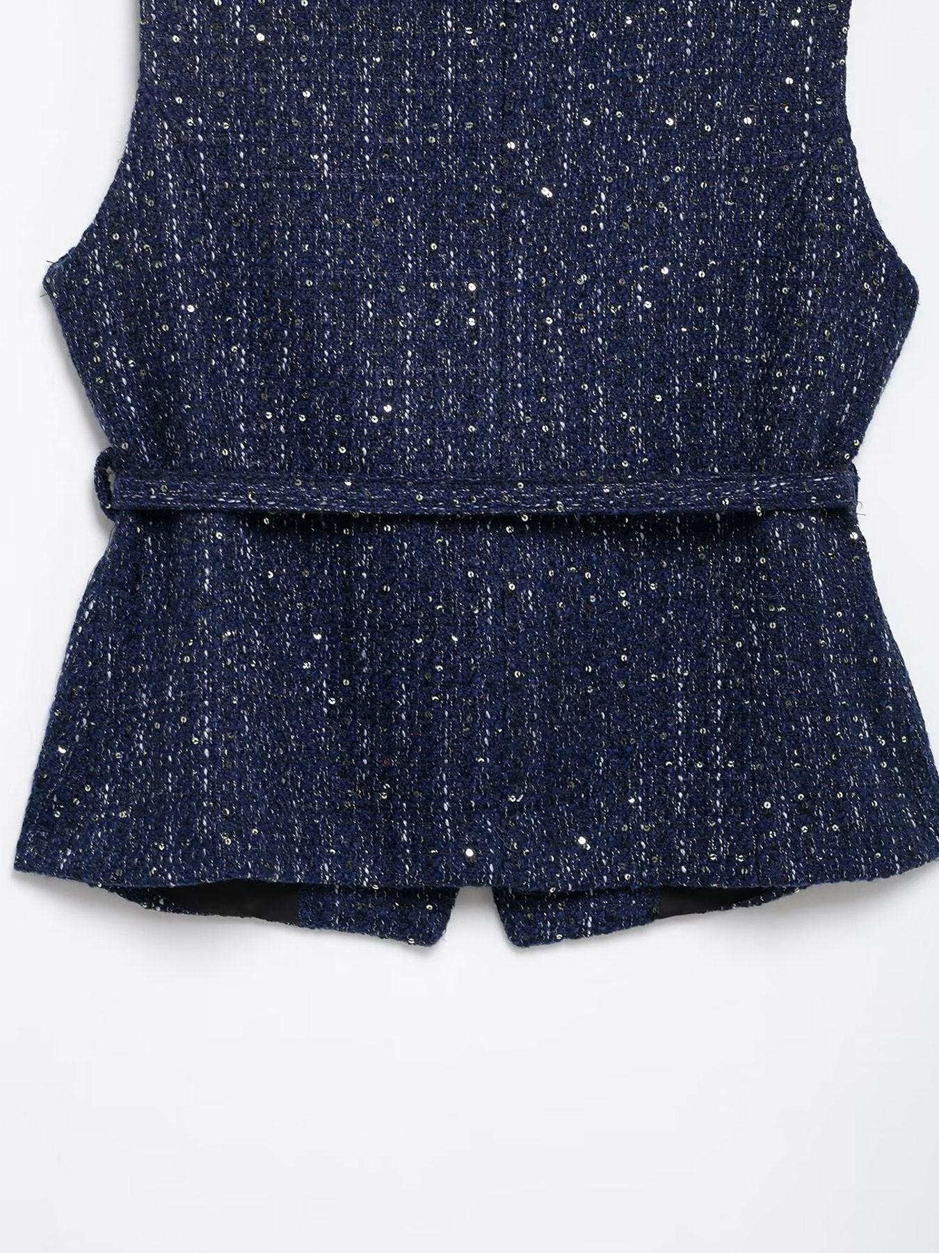 Women's Elegant Belted Sequined Vest, Round Neck Sleeveless Single Button Fitted Jumper, Vintage Fashion Commuter Style, Casual Daily Wear