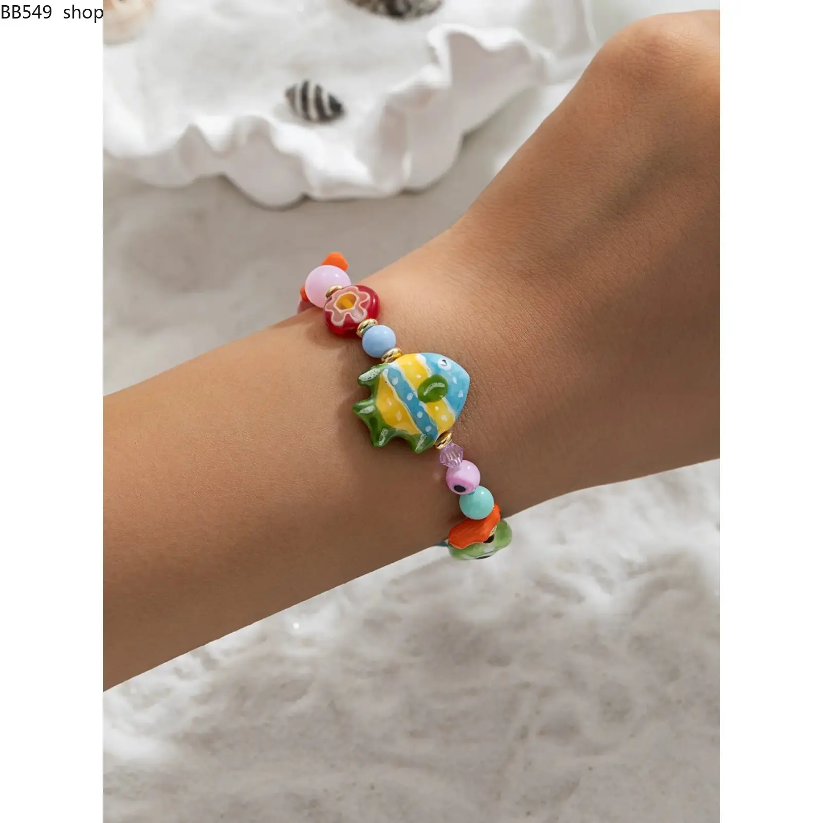Women's Ceramic Beaded Bracelet, Random Color Fish Turquoise Starfish Charm, Daily Wear Jewelry for Vacation Beach Play, Exquisite Bracelet, High Quality Bracelet